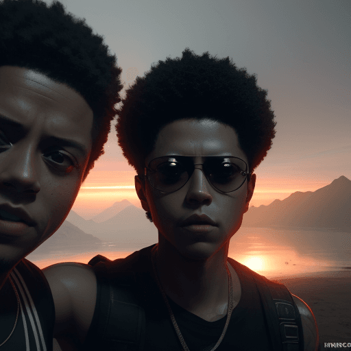 AI generated: Selfie by Canserbero and Bruno Mars, dramatic light, pale sunrise, cinematic lighting, battered, low...