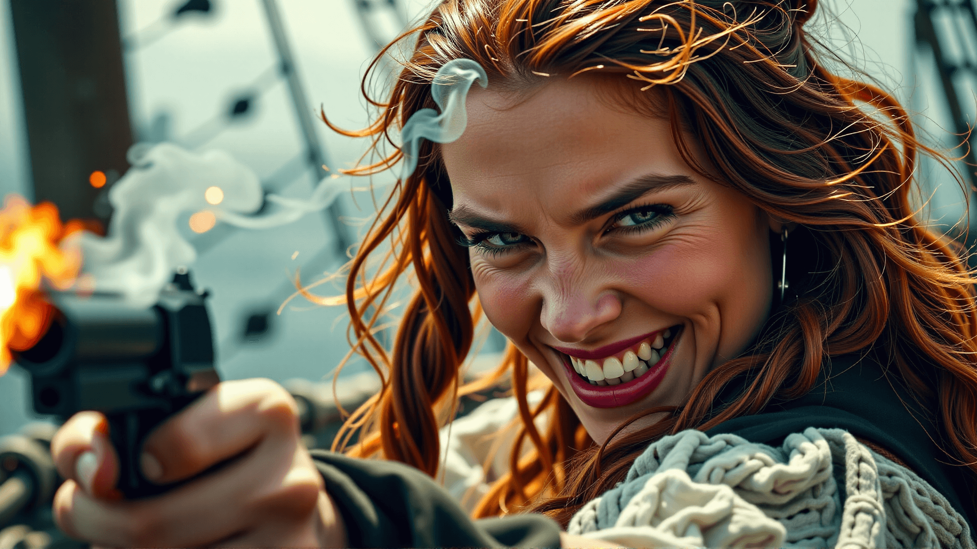 AI generated: An intimate close-up portrait of Anne Bonny, her face contorted in a defiant grin as she raises a sm...