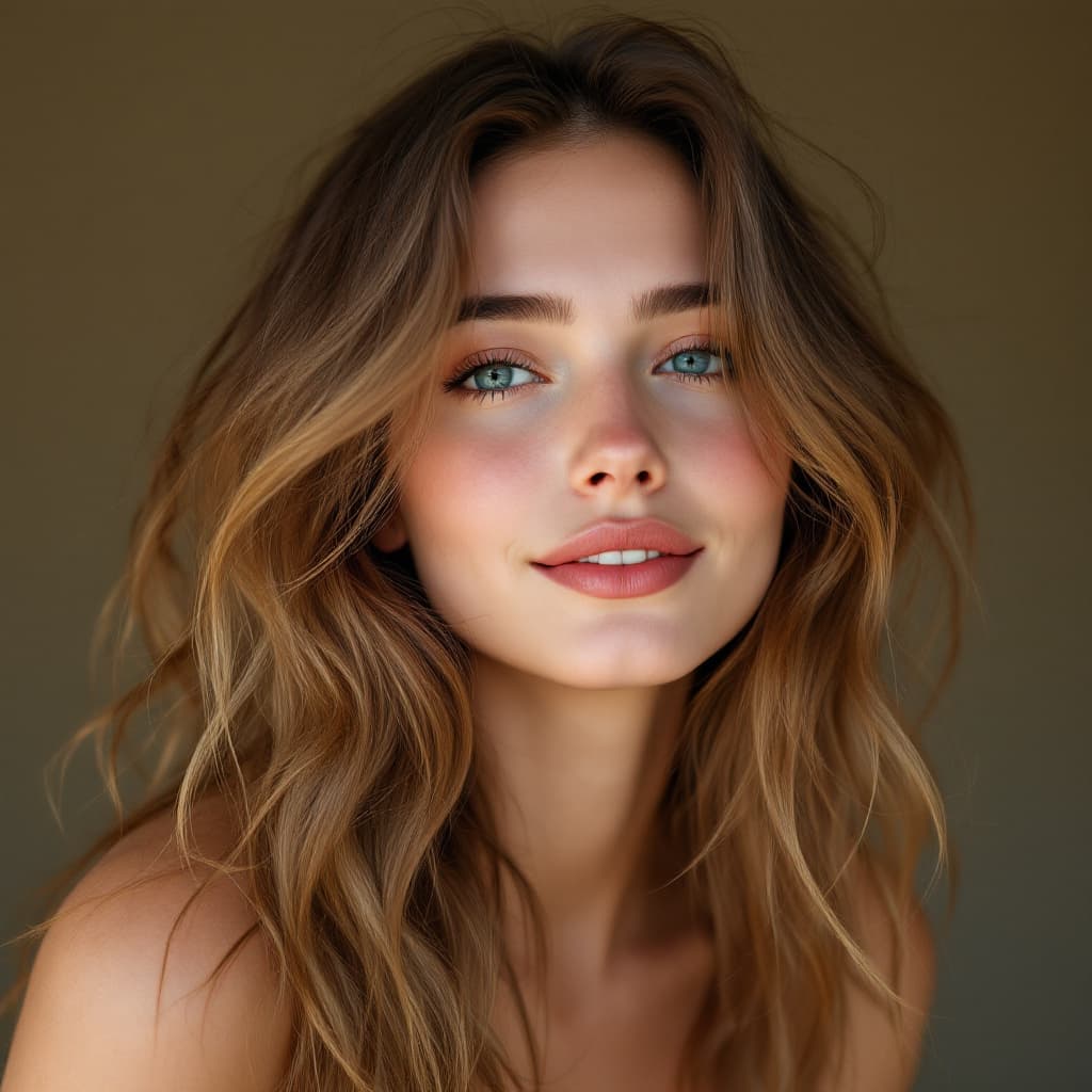 AI generated: a gorgerous, lovely girl with smile, the color tone with delicate features, pale white skin, light b...
