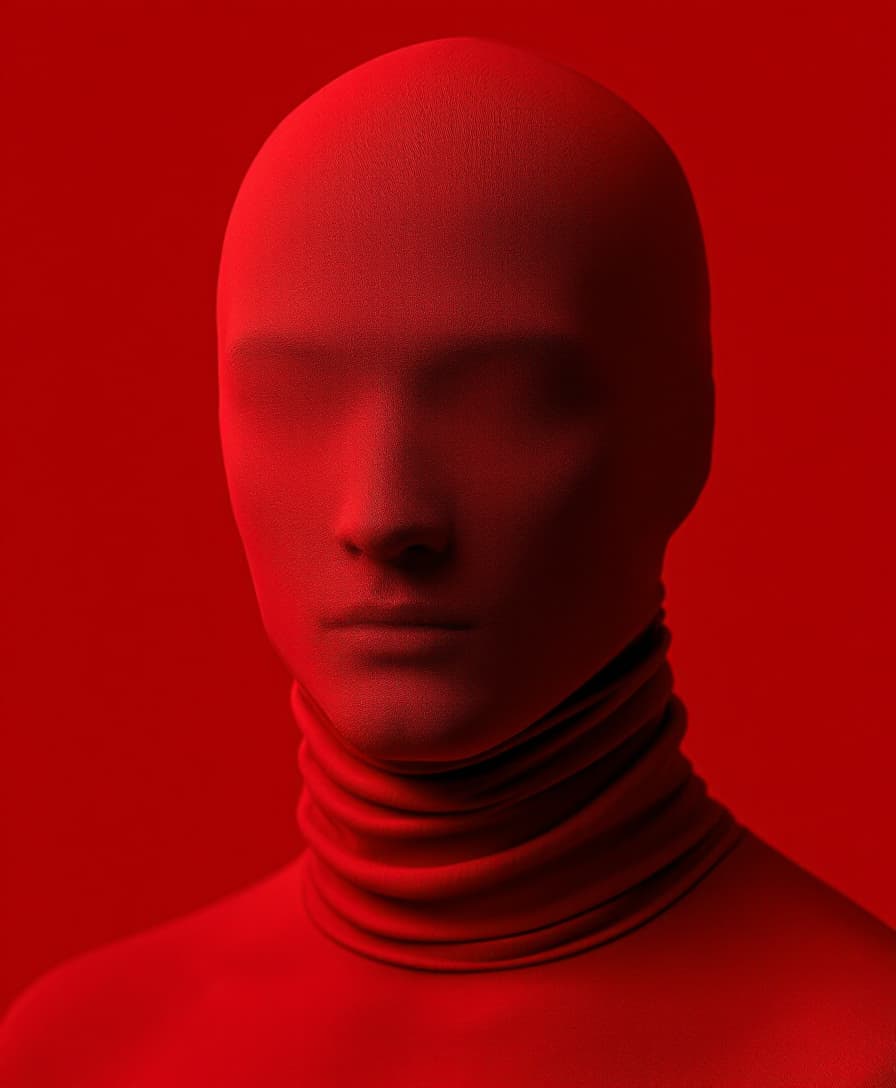 AI generated: Modern minimalist man style: Close-up of a figure in a bright red turtleneck, soft and form-fitting....