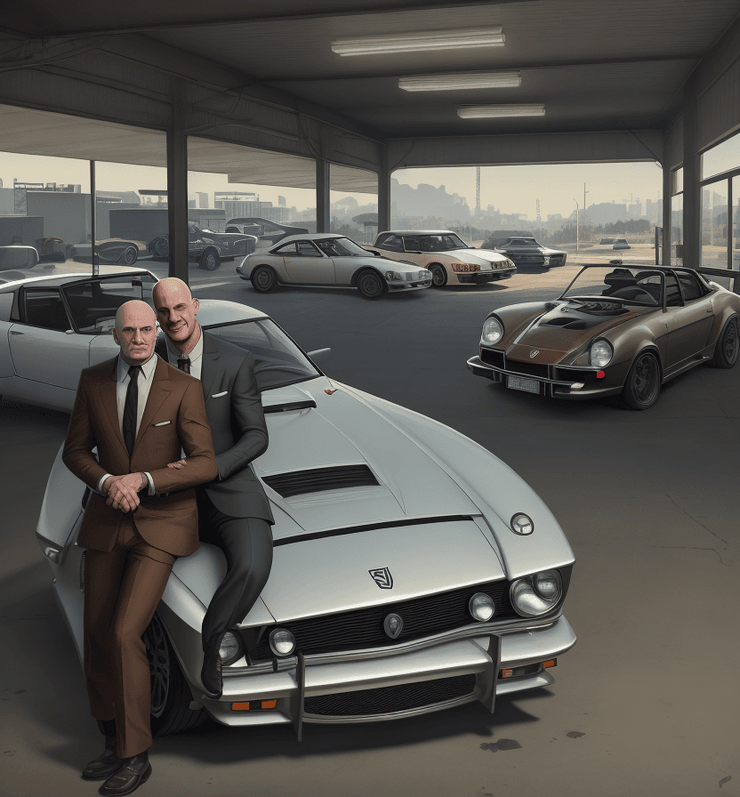 AI generated: a picture in the style of a gta 5 poster game, GTA V, 8k, UHD, HDR, two men in front of a wolksvagen...