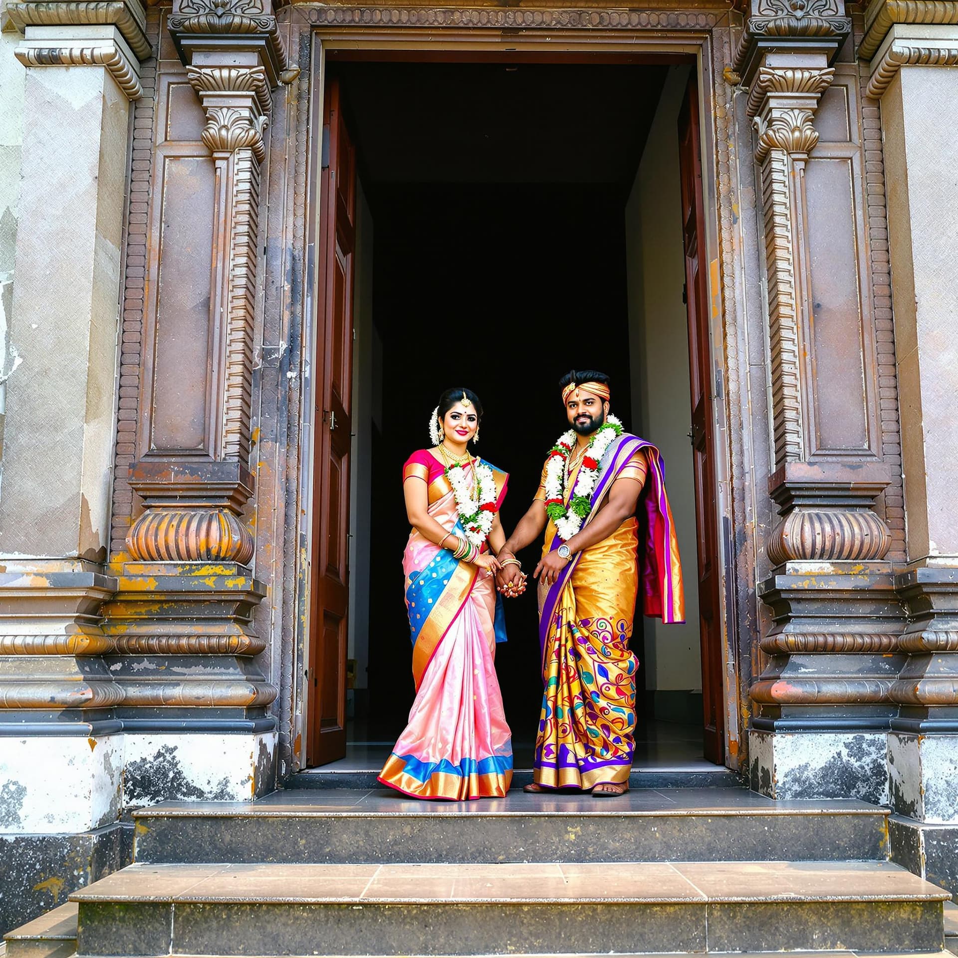 AI generated: Create a captivating image of a bride dressed in a traditional Kerala saree and a groom in a mundu, ...