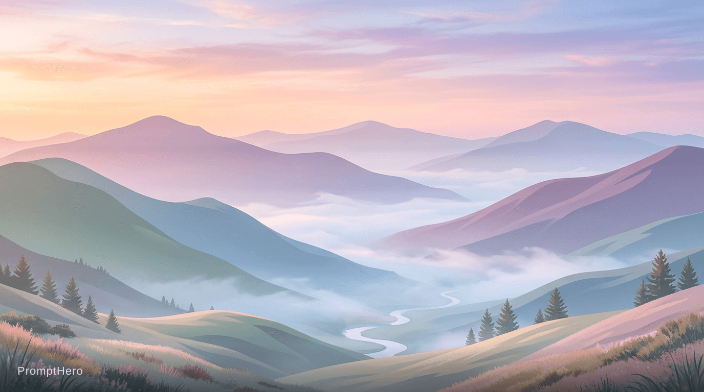 AI generated: minimalist mountain landscape, soft pastel colors, misty valleys, calm and peaceful