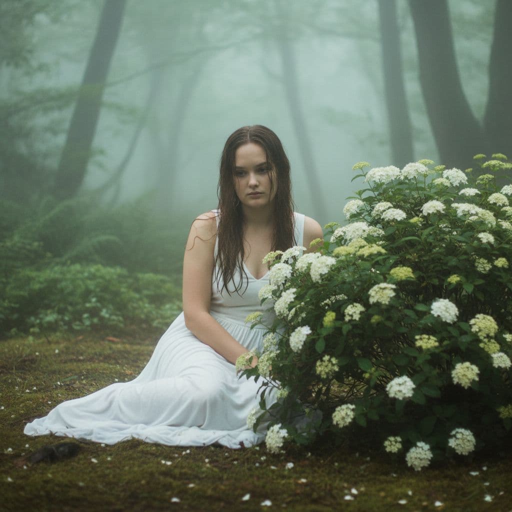 AI generated: A woman in a white sleeveless dress sitting on the ground in a misty, green, outdoor setting. Her we...