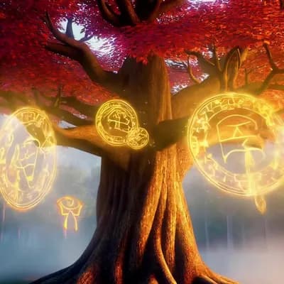 AI generated video: A seamless loop animation of a magical ancient tree with glowing golden runes orbiting around its tr...