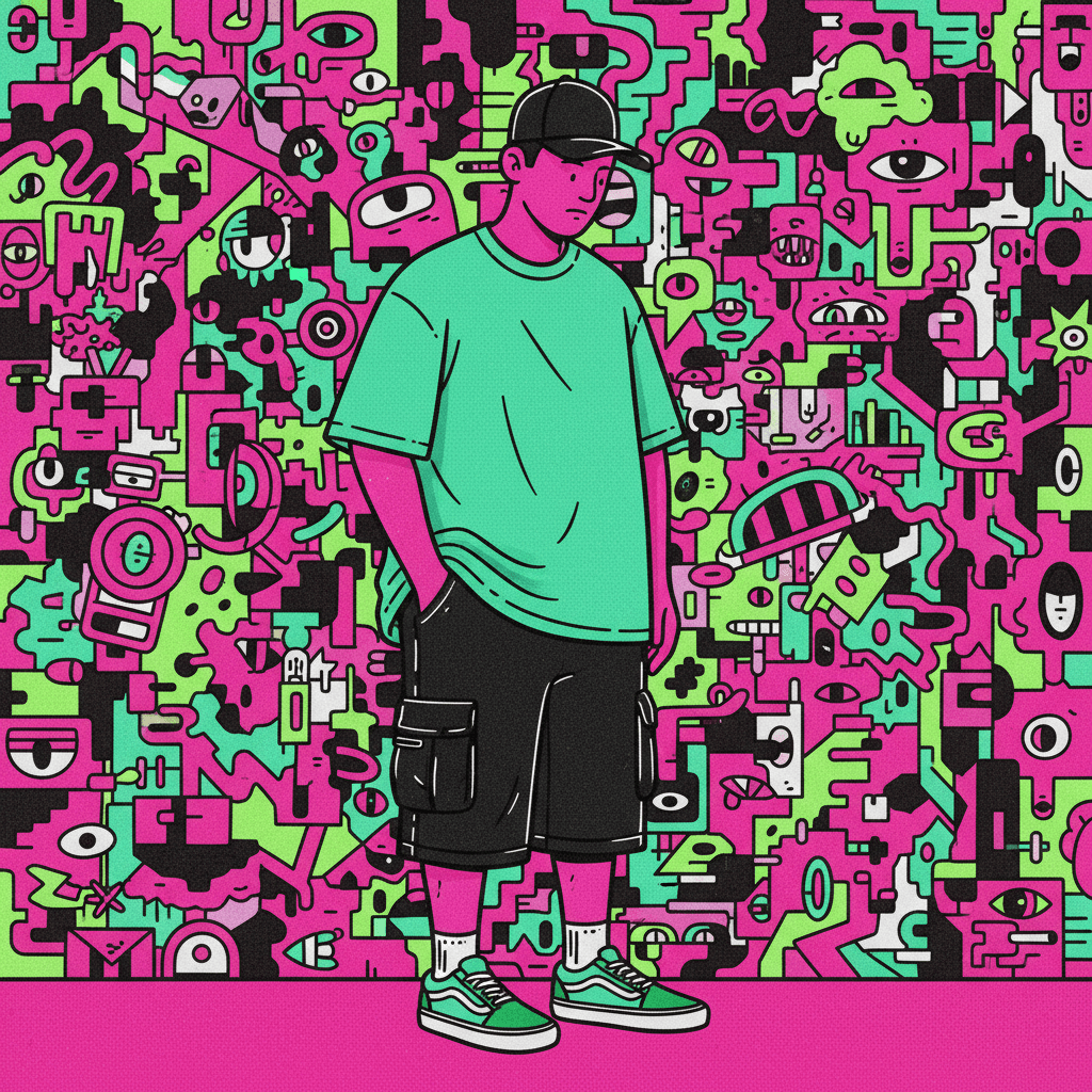 AI generated: creative illustration art, full-body of an man, wearing a mint green color over-fit T-shirt and blac...