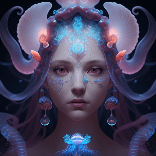 AI generated: Goddess close-up portrait ribcagel. jellyfish phoenix head, nautilus, orchid, skull, betta fish, bio...