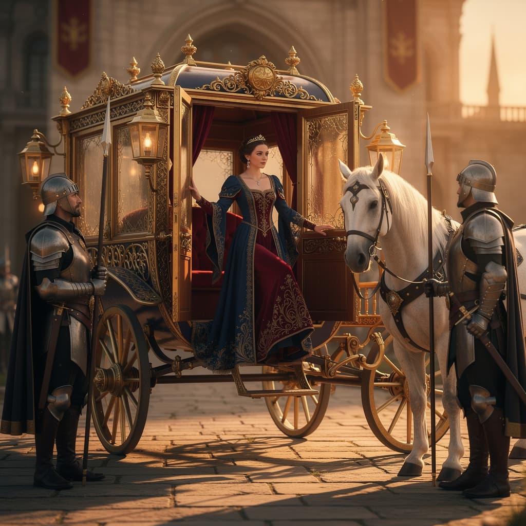 AI generated: Cena de fantasia/épica: uma princesa elegante entrando numa carroça majestosa, protegida por dois gu...