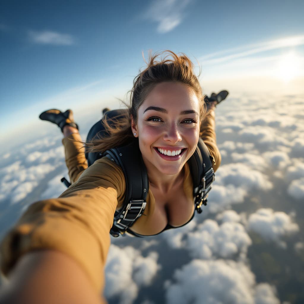 AI generated: 
Go back
female parachutist, jumping from plane, smile, selfie, motion, full body visible, detailed ...