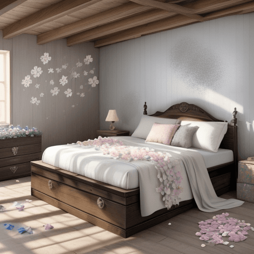 AI generated: Flower bed of paper flowers in a wooden attic
Dust on boxes and silver chests
Children handprints on...
