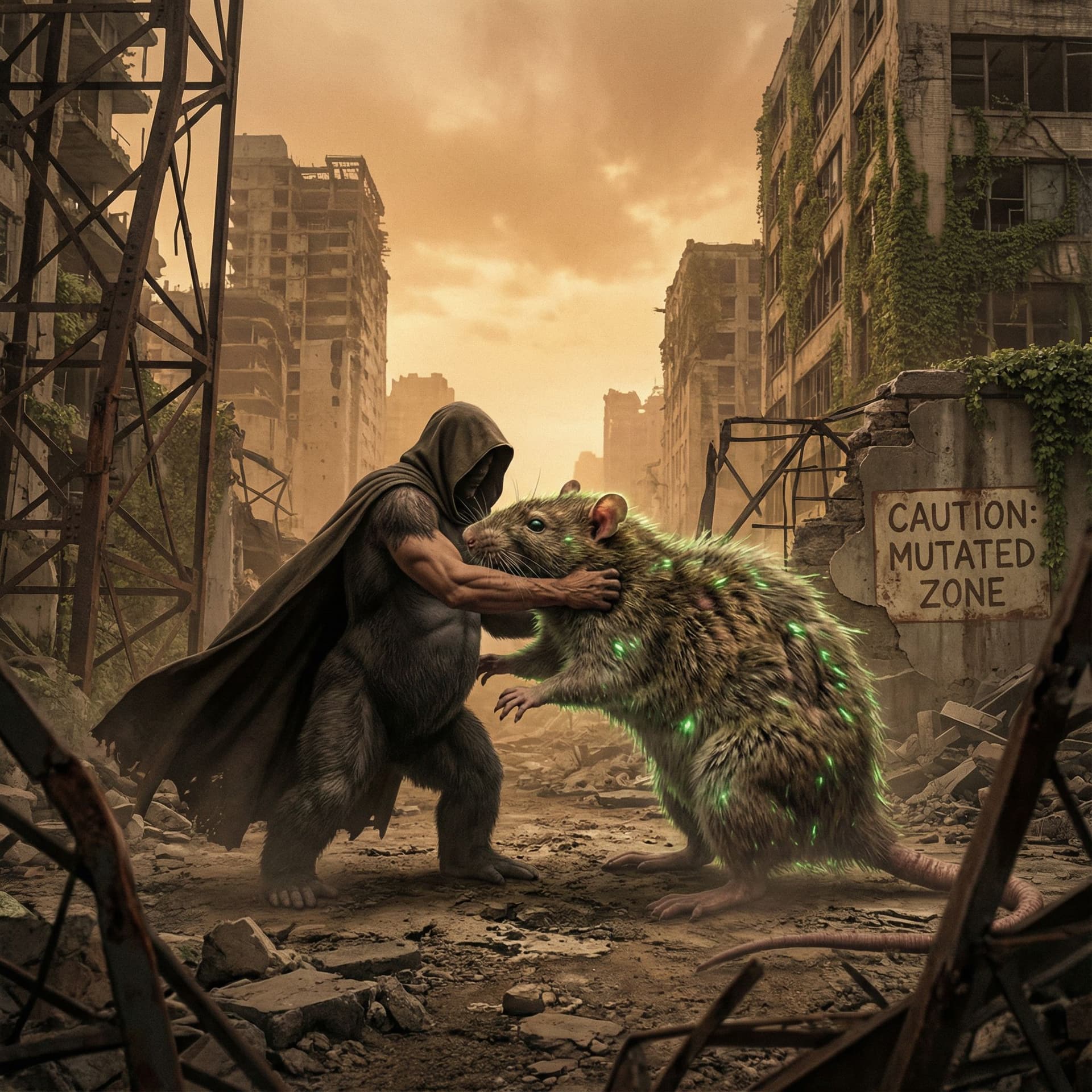 AI generated: half man half gorilla wrestling a giant rat in a distopian world where nuclear war has mutated a lot...