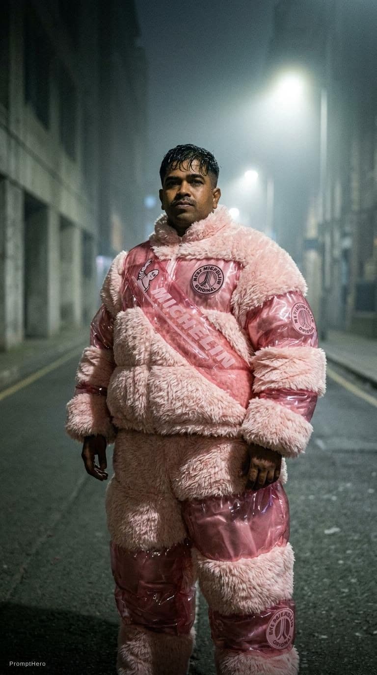 AI generated: fashion photography, man model in full-body, front central view, wearing an oversized fluffy and vin...