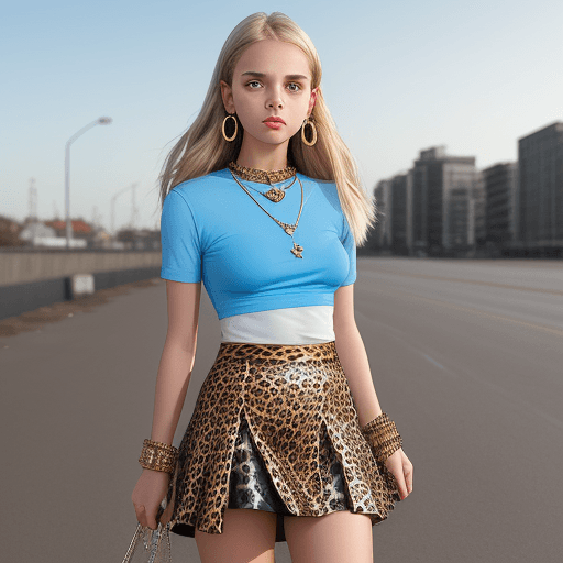 AI generated: A girl on blackhorse, teenager, metallic jewellery, beige skirt with leopard print, sky blue top