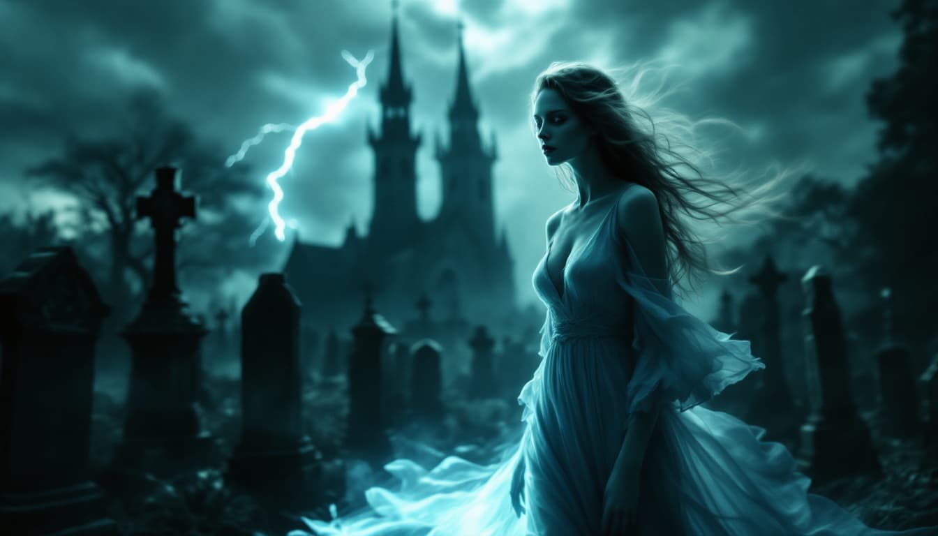 AI generated: a hauntingly beautiful scene of an almost translucent ethereal woman in a graveyard, surrounded by t...