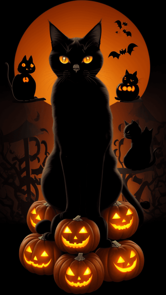 AI generated: An animated image of a black cat with orange eyes and black wings. The cat is sitting on the ground ...