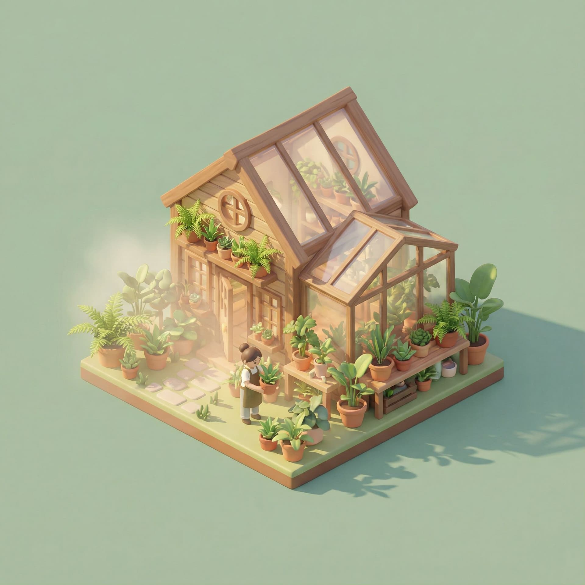 AI generated: isometric render, botanist house, potted ferns, misty morning light, blender rendering, 45-degree is...