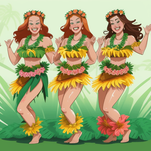 AI generated: Three dashboard, hawaiian hula dancers, singing, grass skirts, Layseri Hawaiian Luau Flower Leis Jum...