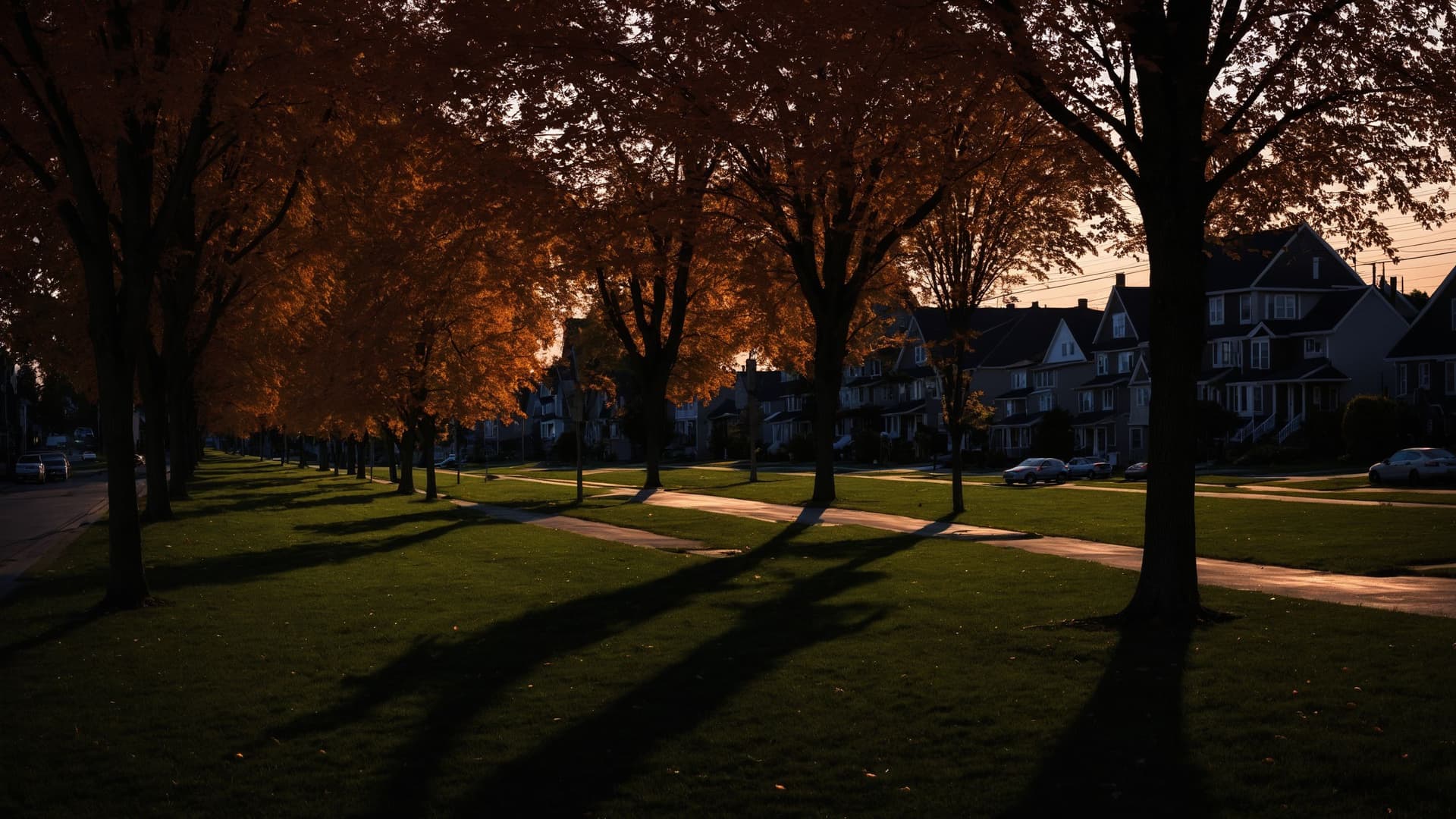 AI generated: a field of grass, maple trees along street, dark lighting, underexposed photography, dark neighborho...