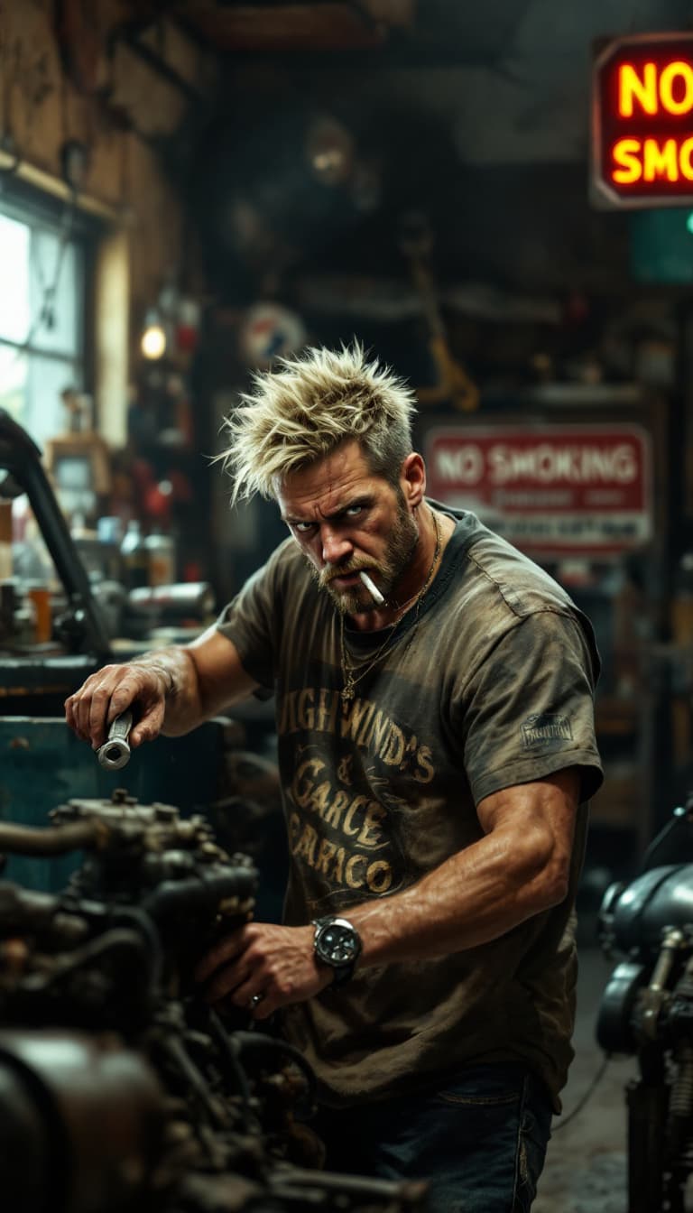 AI generated: A photo-realistic, grunge-lit photo of a American man inspired from Cid Highwind from Final Fantasy ...