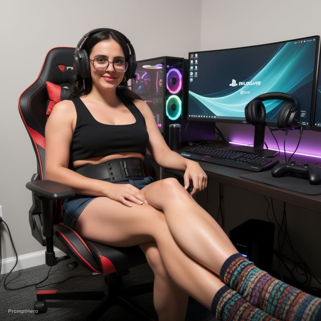 AI generated: Generate a detailed description for a digital artwork featuring her as gamer girl showing her feet t...