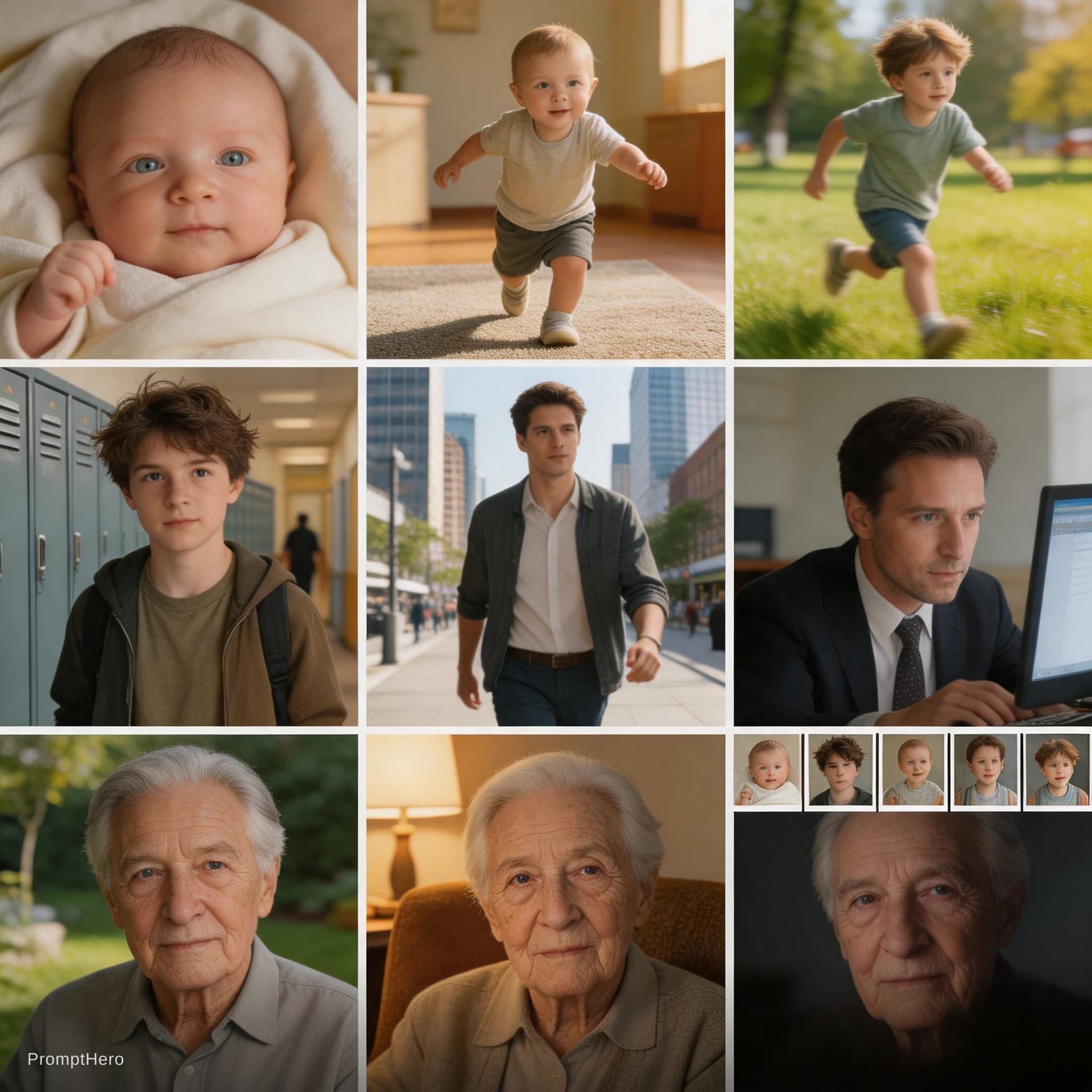 AI generated: 15s fast-paced cinematic montage, single consistent character across all ages, rapid cuts, strong id...