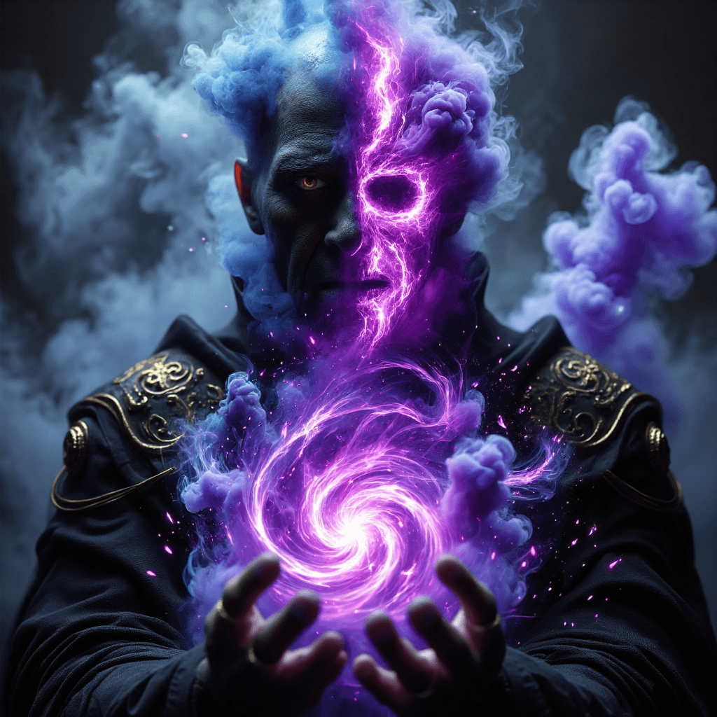 AI generated: A close-up, bust-framed portrait of a powerful, malevolent sorcerer. Half of his face is human—sharp...