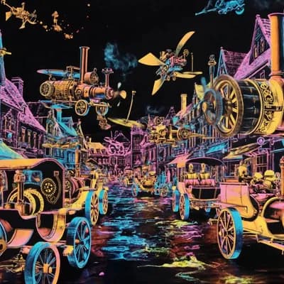 AI generated video: Medieval scene, neon black light graphic pop poster art design featuring  a detailed illustration of...