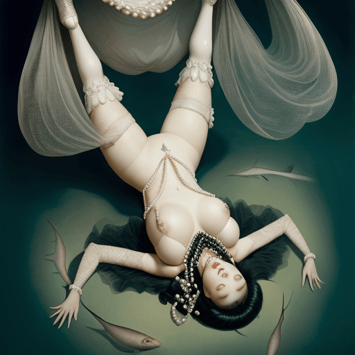 AI generated: A woman with fish eyes is laying on the ground, wearing pearls and net stockings, her head upside do...