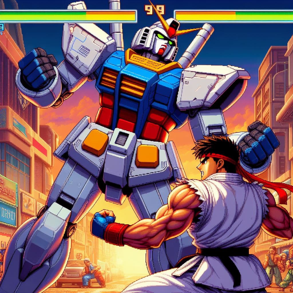 AI generated: Gundam en el videojuego de Street fighter, pelea contra Ryu en videojuego 2d, masterpiece