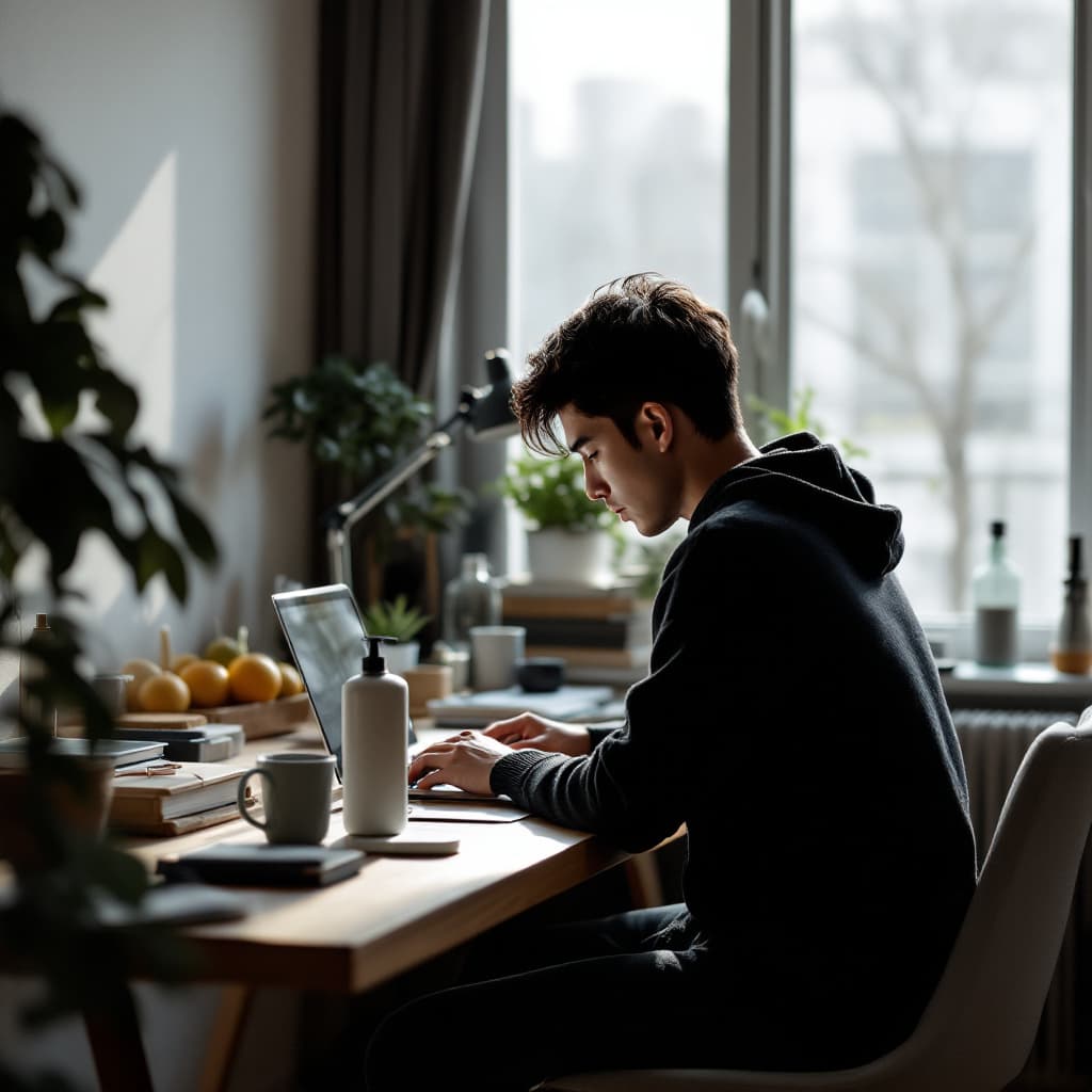 AI generated: modern, minimalist workspace, focused designer korea hansome young man silhouete at a wood desk, sur...