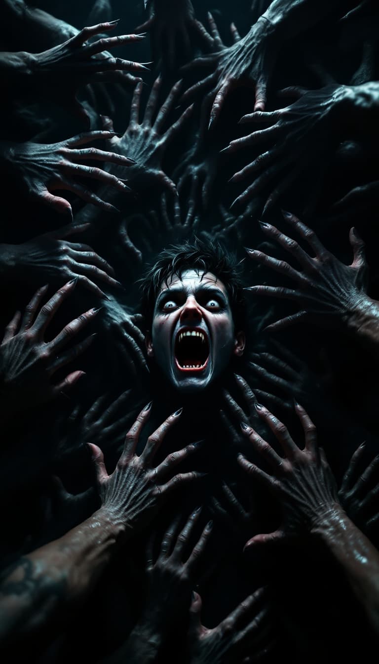 AI generated: Horror, Hyperrealistic, hellish, dystopian, nightmare, a wall full of arms and hands grabbed a perso...