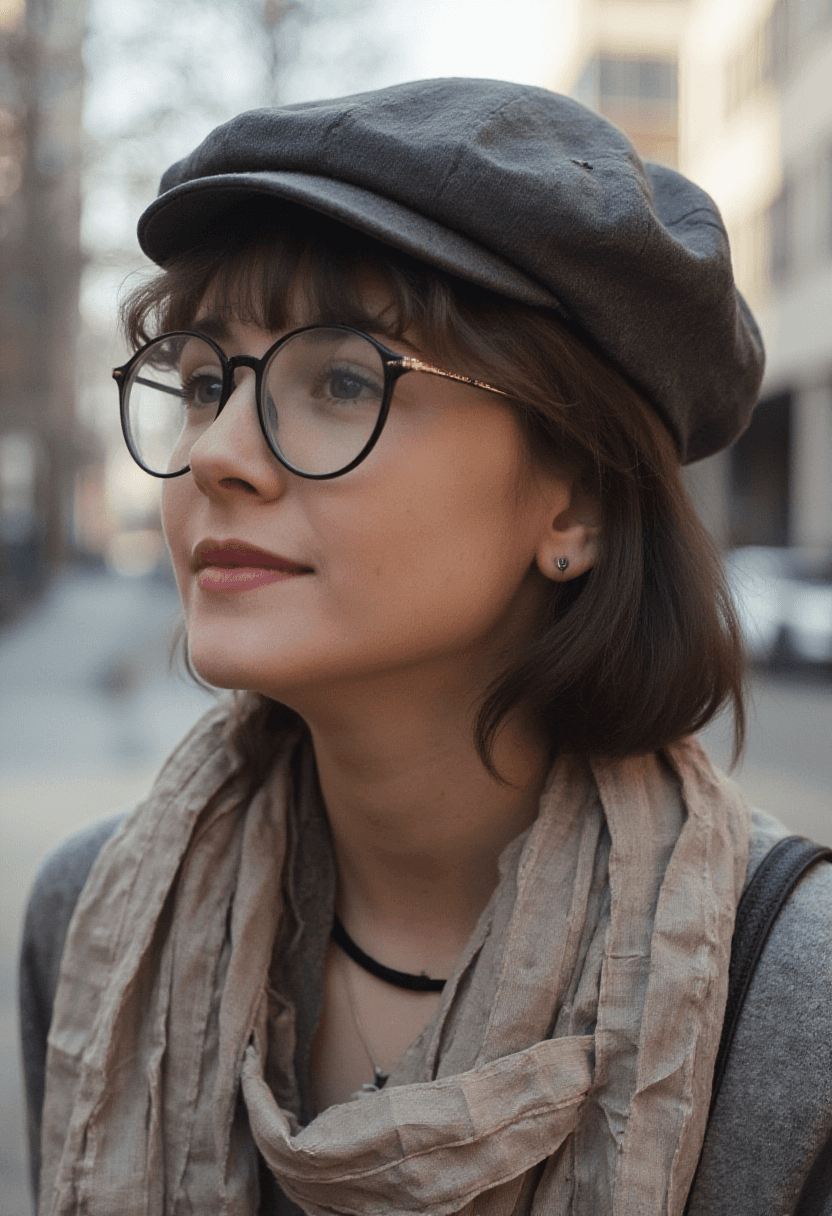 AI generated: Create a high-resolution portrait of a fit adult woman wearing large, round glasses, a textured news...