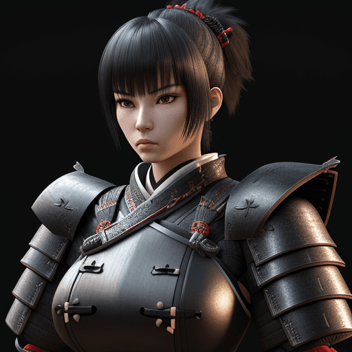 AI generated: 3d render, a woman wearing samurai armours, short black hair, ponytail, big breasts, close-up shot -...