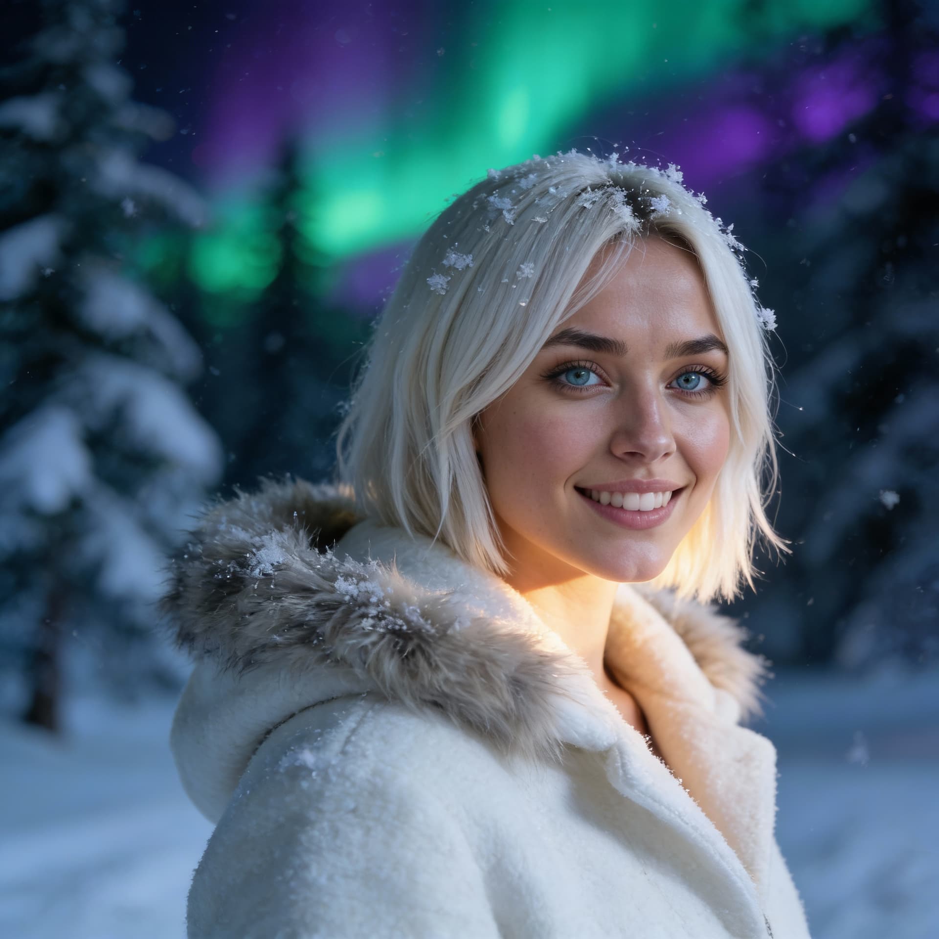 AI generated: Create a hyperrealistic portrait of this person standing in a snowy winter forest at night. Maintain...