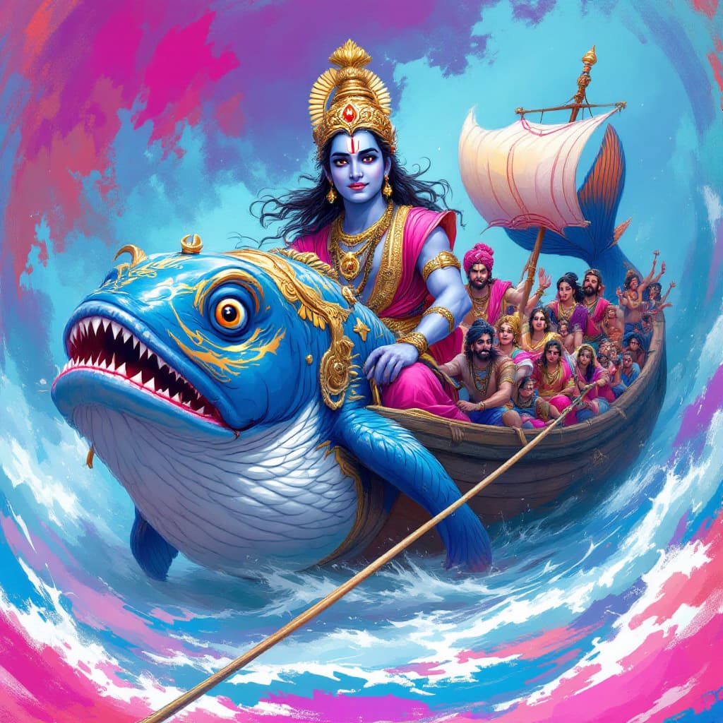 AI generated: hindu mythology character matya avtar  mean  fish pulling a  crowded boat with people in boat wearin...