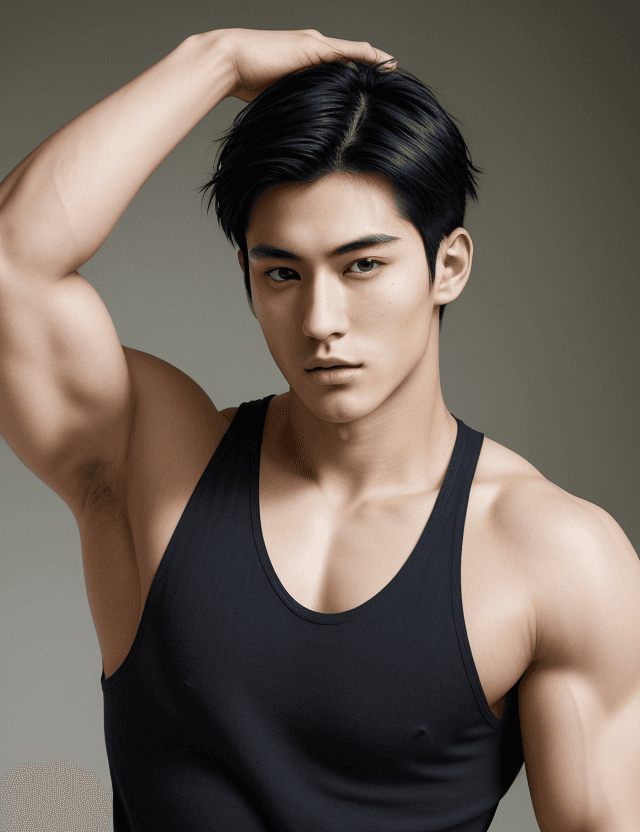 AI generated: A photorealistic portrait of a beautiful 24-year-old Japanese male model, very short dark blue hair,...
