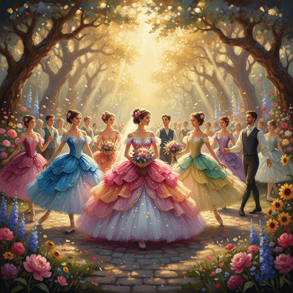 AI generated: A vibrant, highly detailed painting in oil and acrylic depicting a whimsical wedding scene where the...