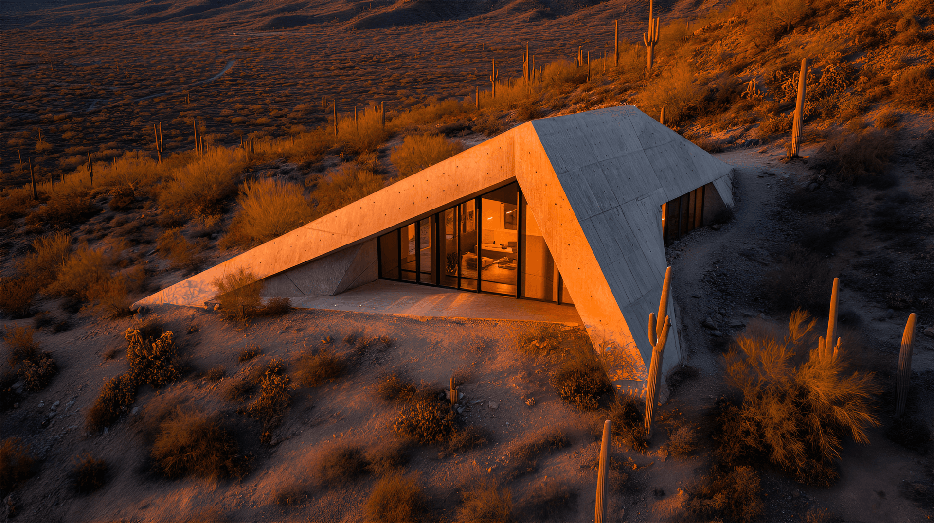 AI generated: modern, triangular concrete house nestled in a desert landscape at twilight, dramatic desert sunset,...