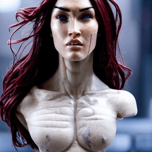 AI generated: cyborg woman megan fox Miyazaki| with a visible detailed brain| muscles cable wires| biopunk| cybern...