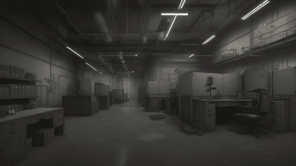 AI generated: A secret laboratory with test tubes, offices, chemicals, wariors with shields exploring the place
