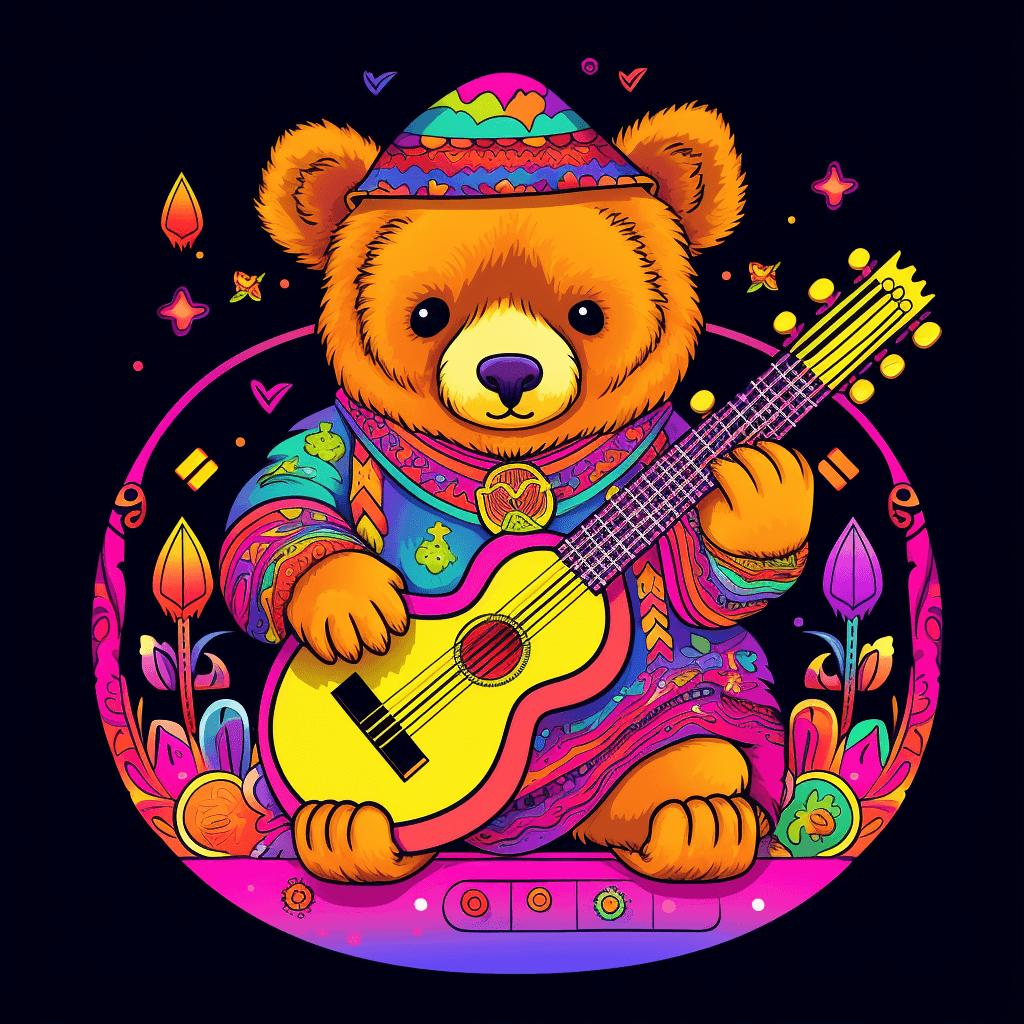 AI generated: 
A Textile Art tshirt design, vibrant core, a lively anime musician bear with a colorful instrument...