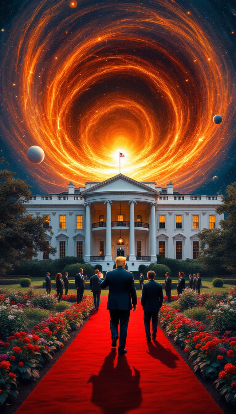 AI generated: A surreal and hyperrealistic depiction of the White House. Donald Trump stands in front of the build...