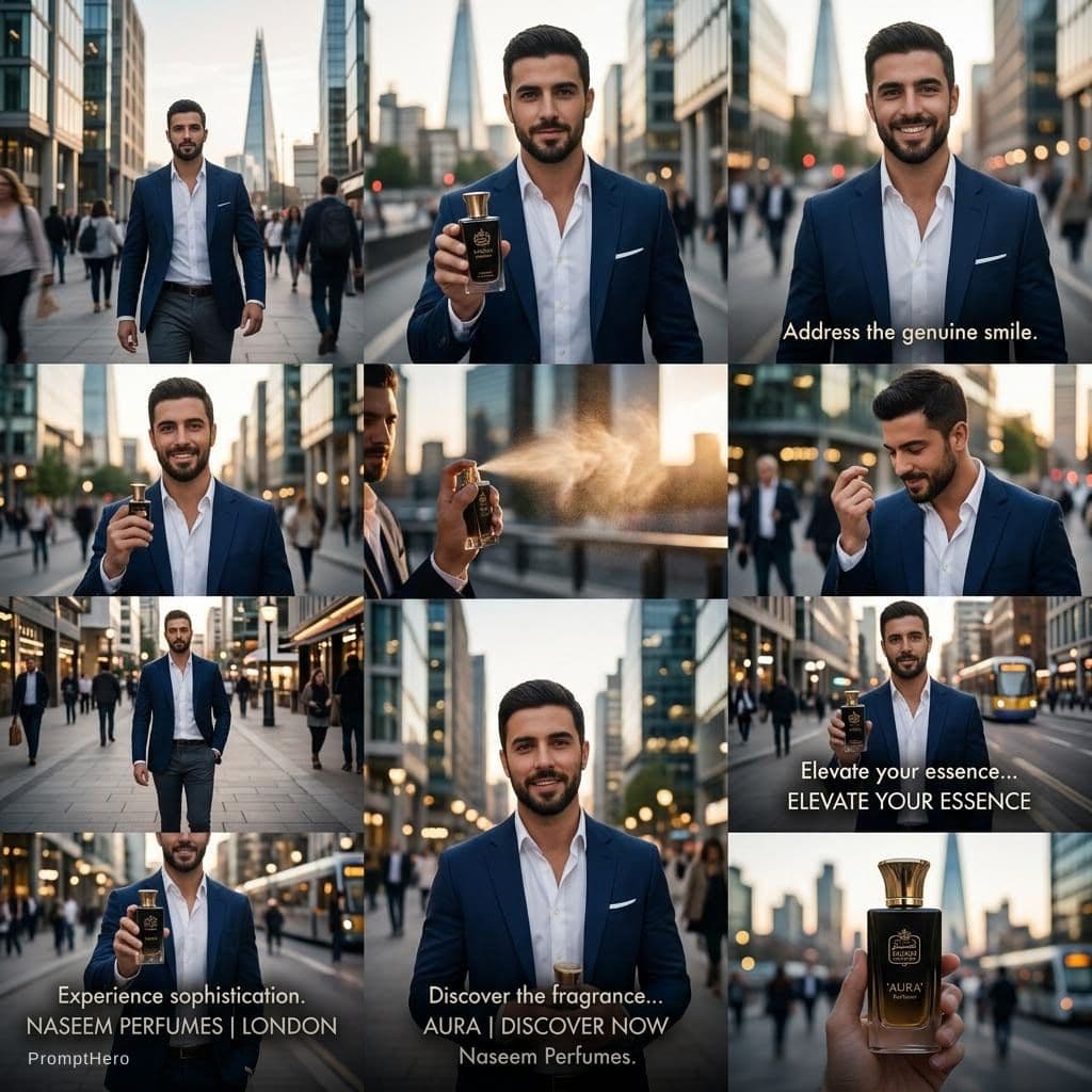 AI generated: create a video of a male person promoting the brand of ( NASEEM PERFUMES) Products. Make it cinemati...