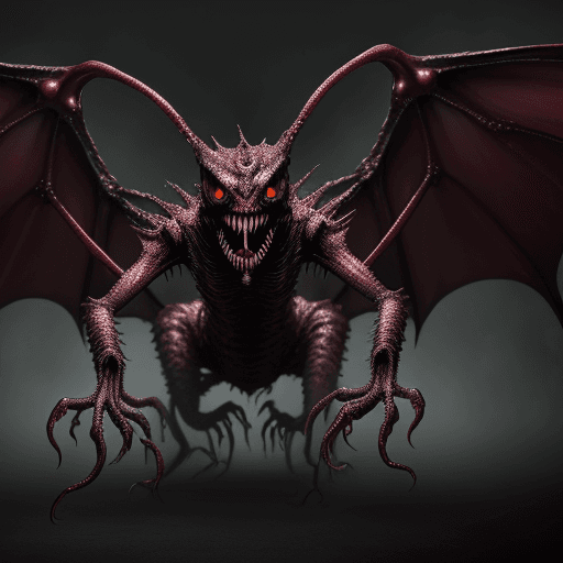 AI generated:  high quality foto of a monster, 10 legs, 3 arms, slimy, 3 grimaces with big teeth, wings, horror hi...