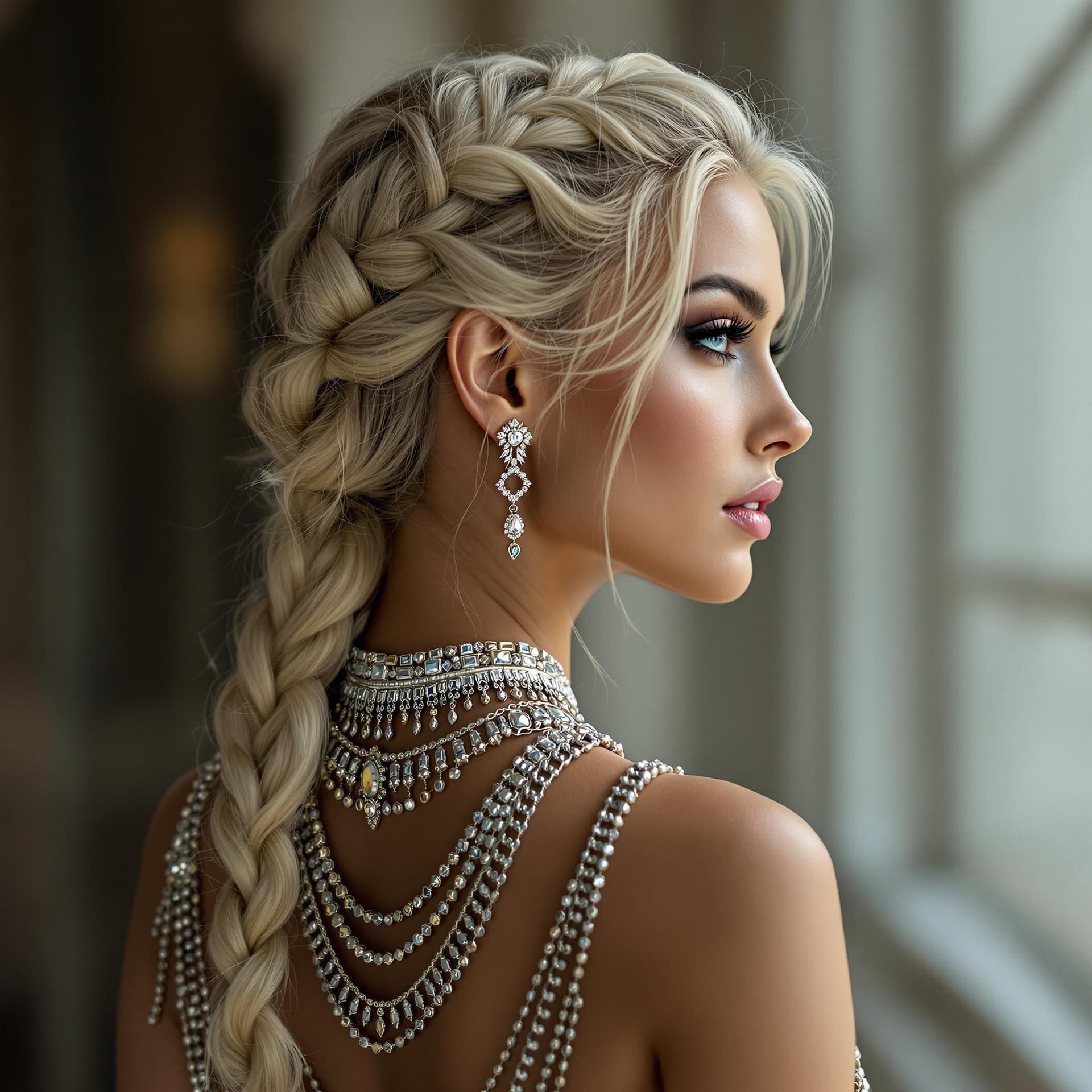 AI generated: A beautiful blonde woman with braided hair adorned in silver chains and jewels is seen from behind, ...