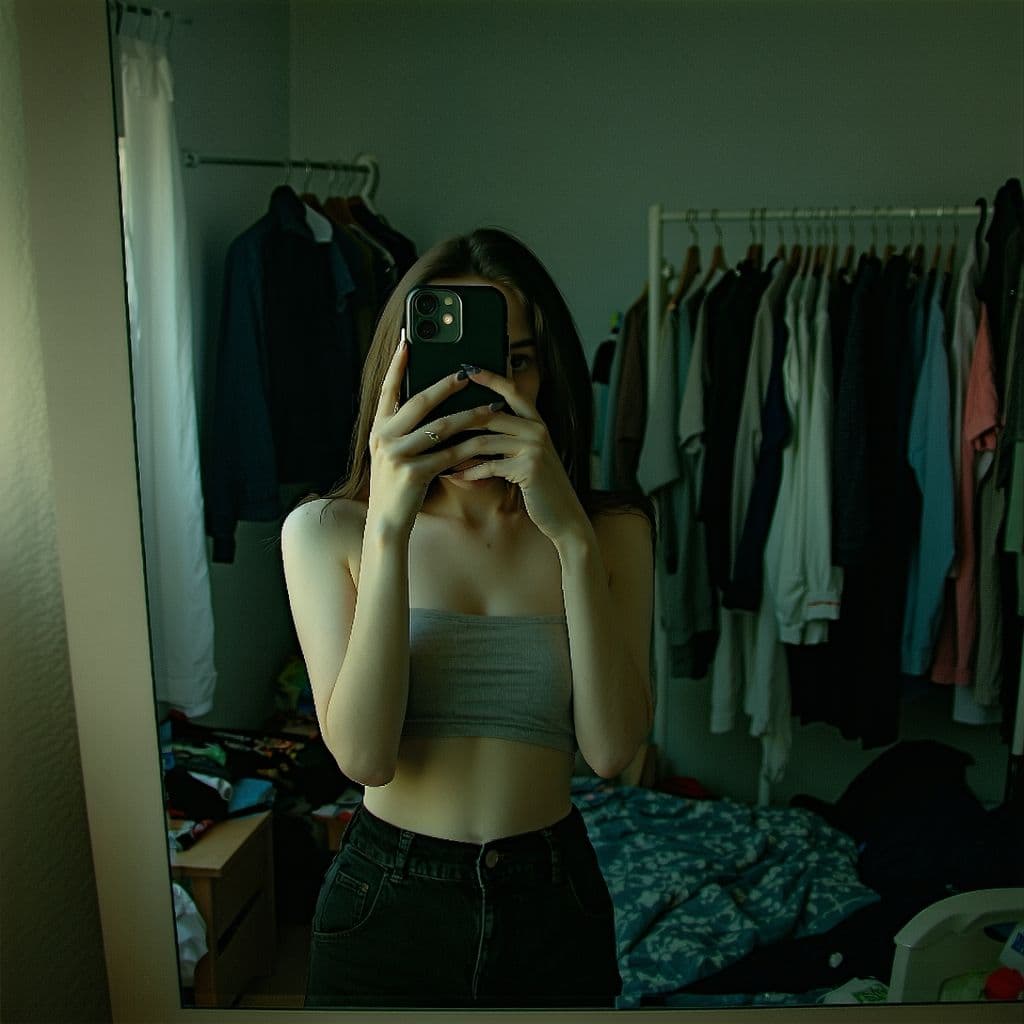 AI generated: A woman stands in front of a mirror, capturing a selfie. The image quality is grainy, with a slight ...
