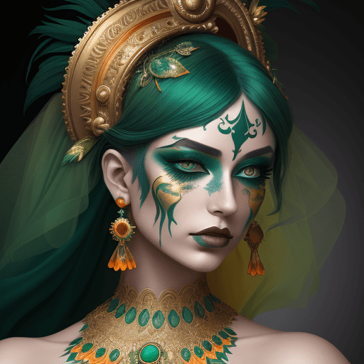 AI generated: beautiful green, orange and gold makeup on a woman, in the style of venetian scenes, hyperrealistic ...