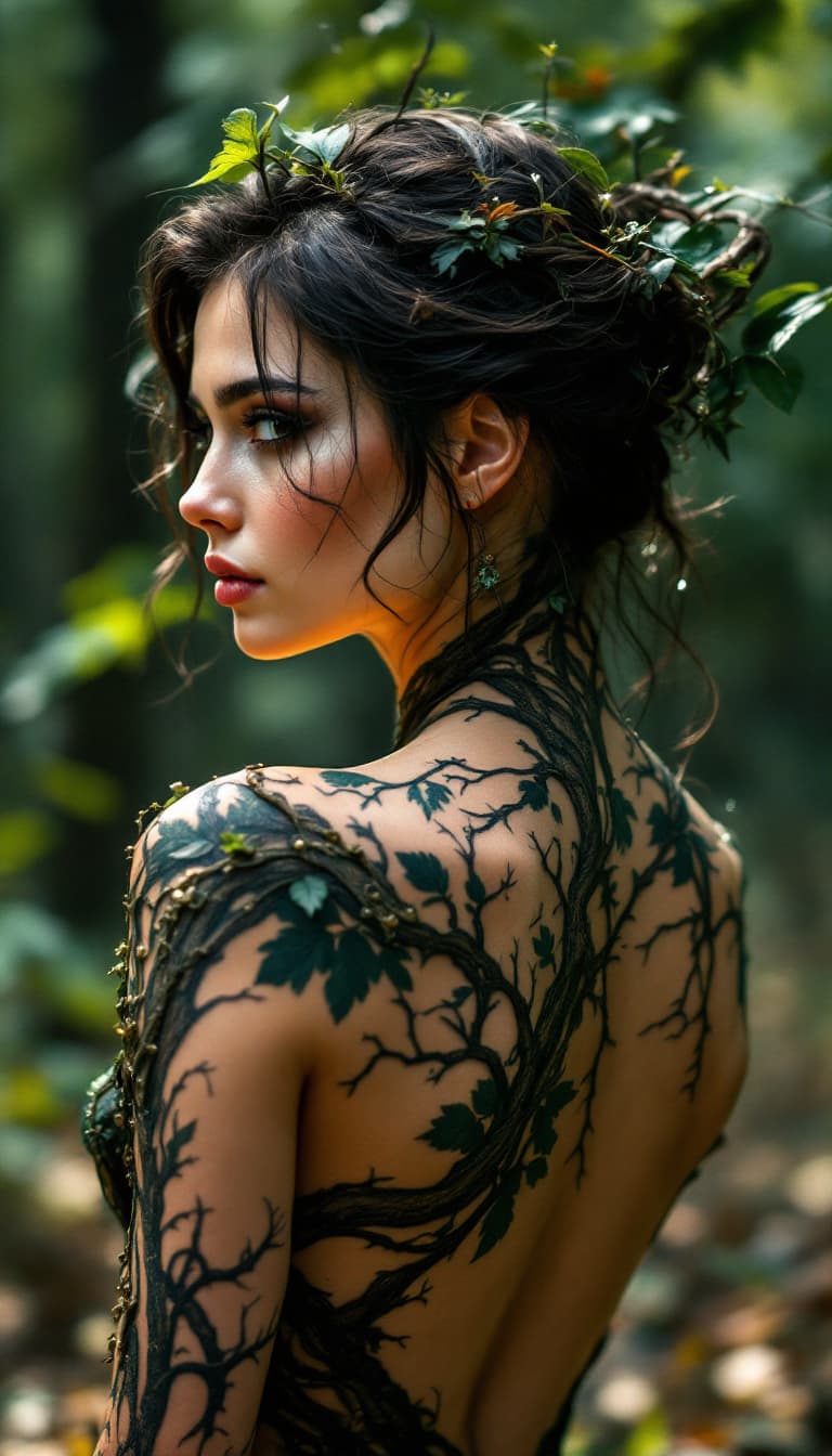 AI generated: Super detailed 8K Low-angle shot full-body portrait of an alluring female forest spirit, back turned...