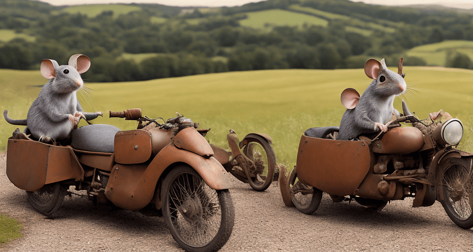 AI generated: cinematic film still award winning photo, style beatrix potter, two grey mice, both wearing open fac...