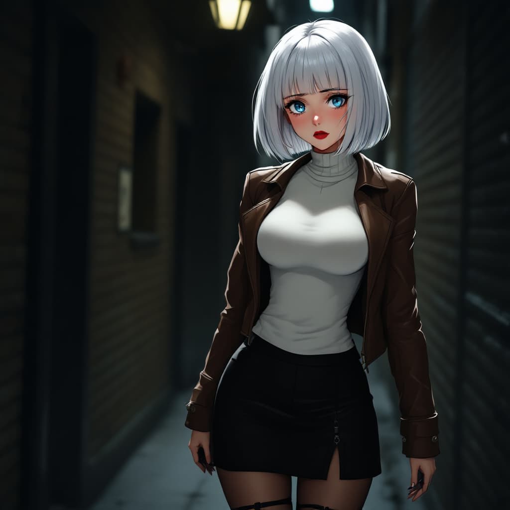 AI generated: anime, woman, white hair, bob cut, straight bangs, blue eyes, freckles, red lips, white sweater, tig...
